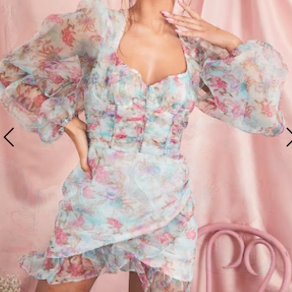 *NWT* Multi Floral Print Organza Puff Sleeve Wrap Bodycon Dress